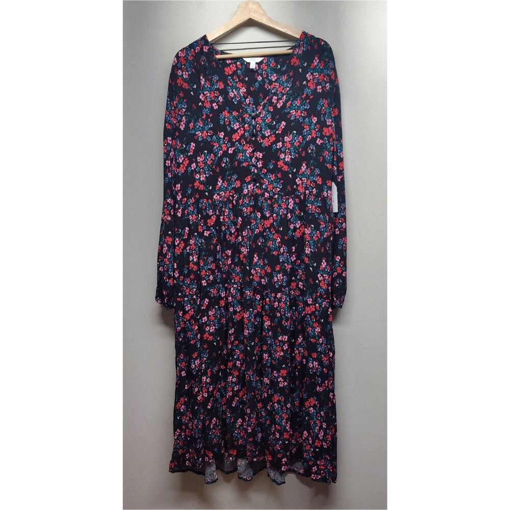 Bohemian Maxi Dress Women L Black Red Floral Long Sleeve Cottagecore Feminine